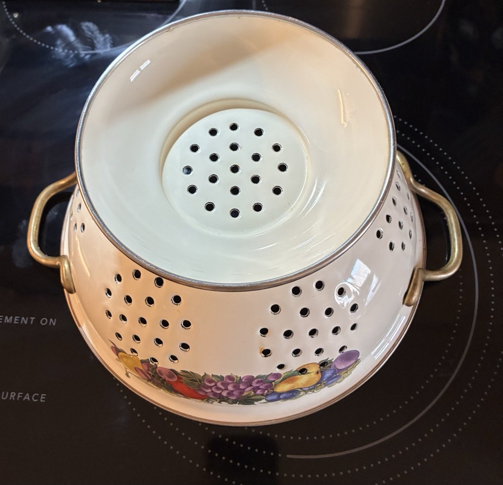 Vintage Cornucopia Enamel and Brass Colander/ Strainer Mixed Fruit Design