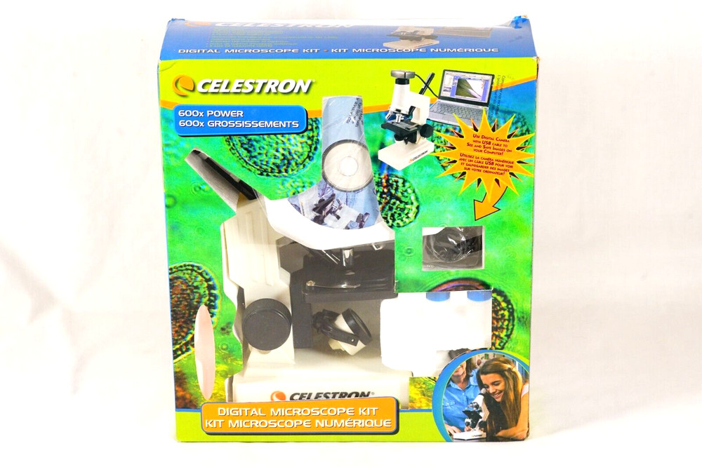 CELESTRON Digital Microscope Kit #44320 Beginners Microscope 40X-600X Open Box