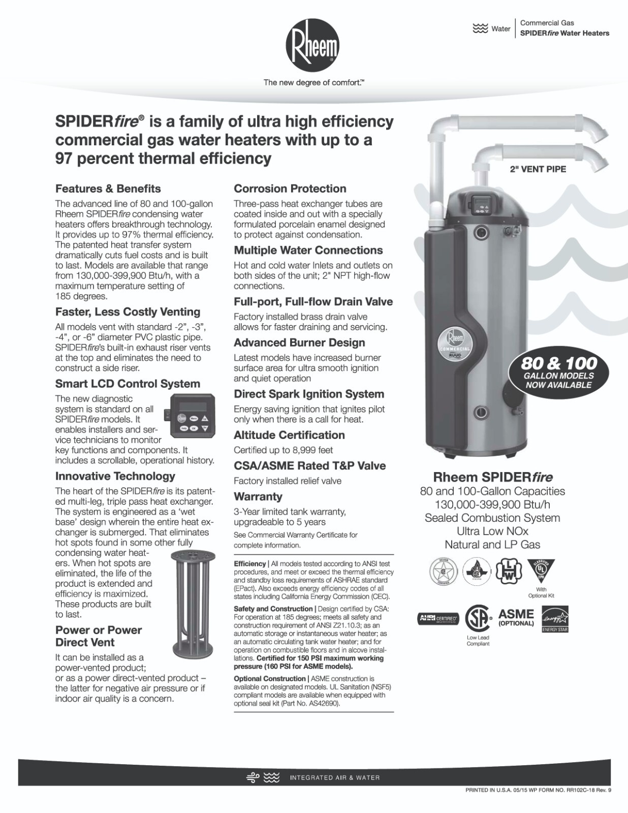 Rheem GHE80-200NA SpiderFire Commercial Water Heater 80 Gal 200,000 BTU NG ASME