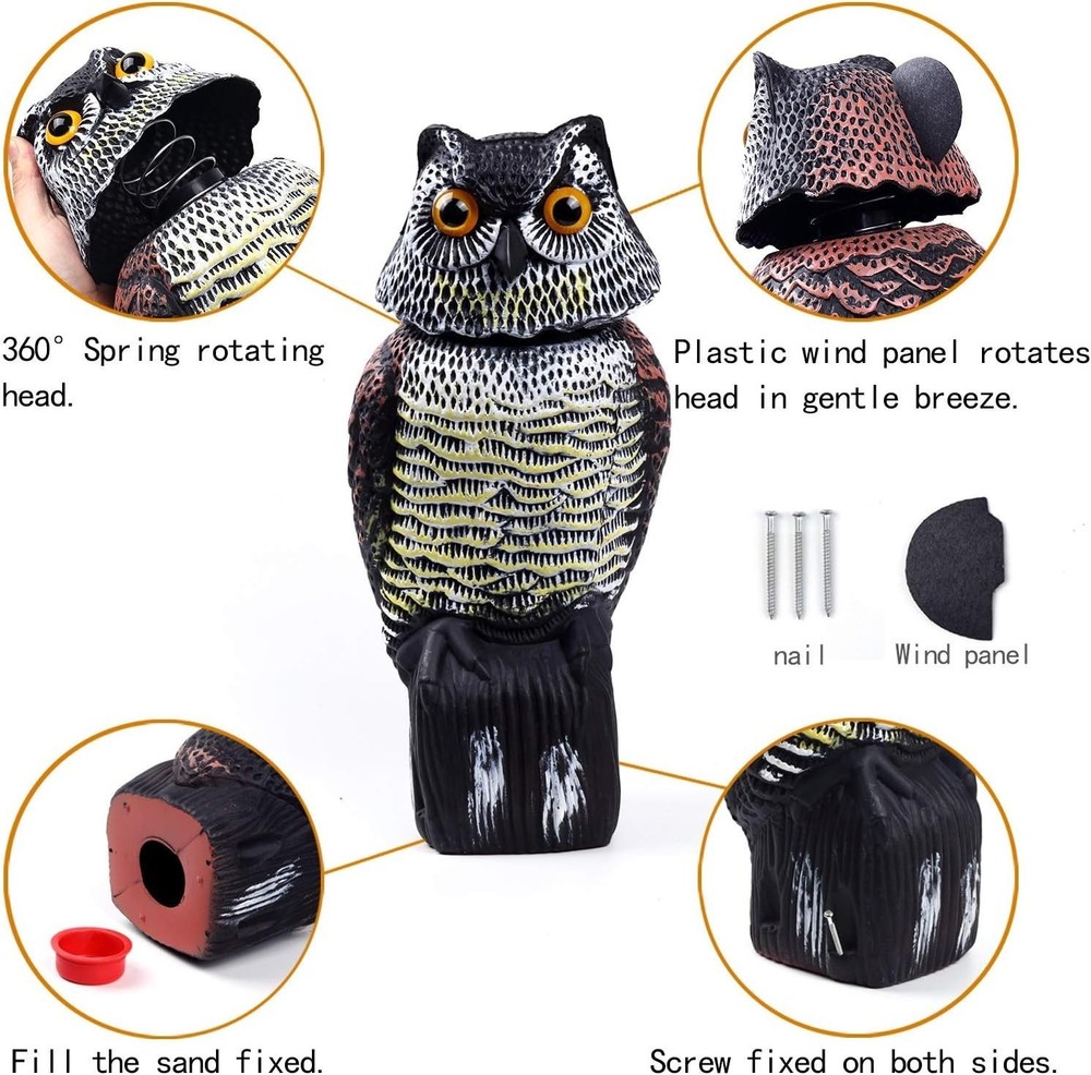 Realistic Rotating Head Owl Decoy for Bird & Pest Deterrence