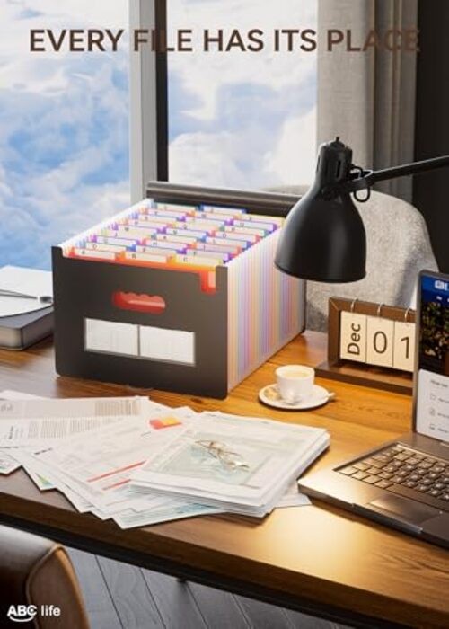 26-Pocket Expanding File Folder, Large Capacity Document Organizer 3 Tab Black