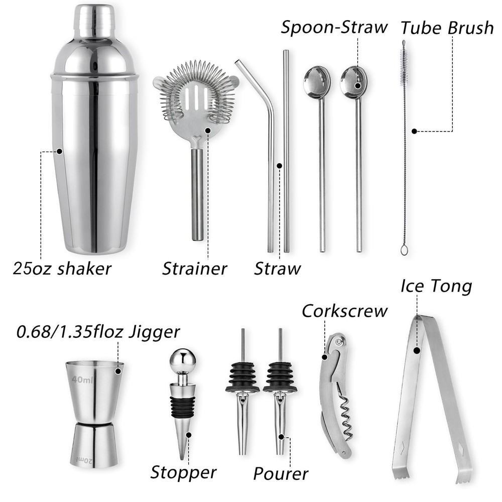 Cocktail Shaker Set Bartender Kit, 15Pcs Bartender Shaker Set, 304 Stainless ...