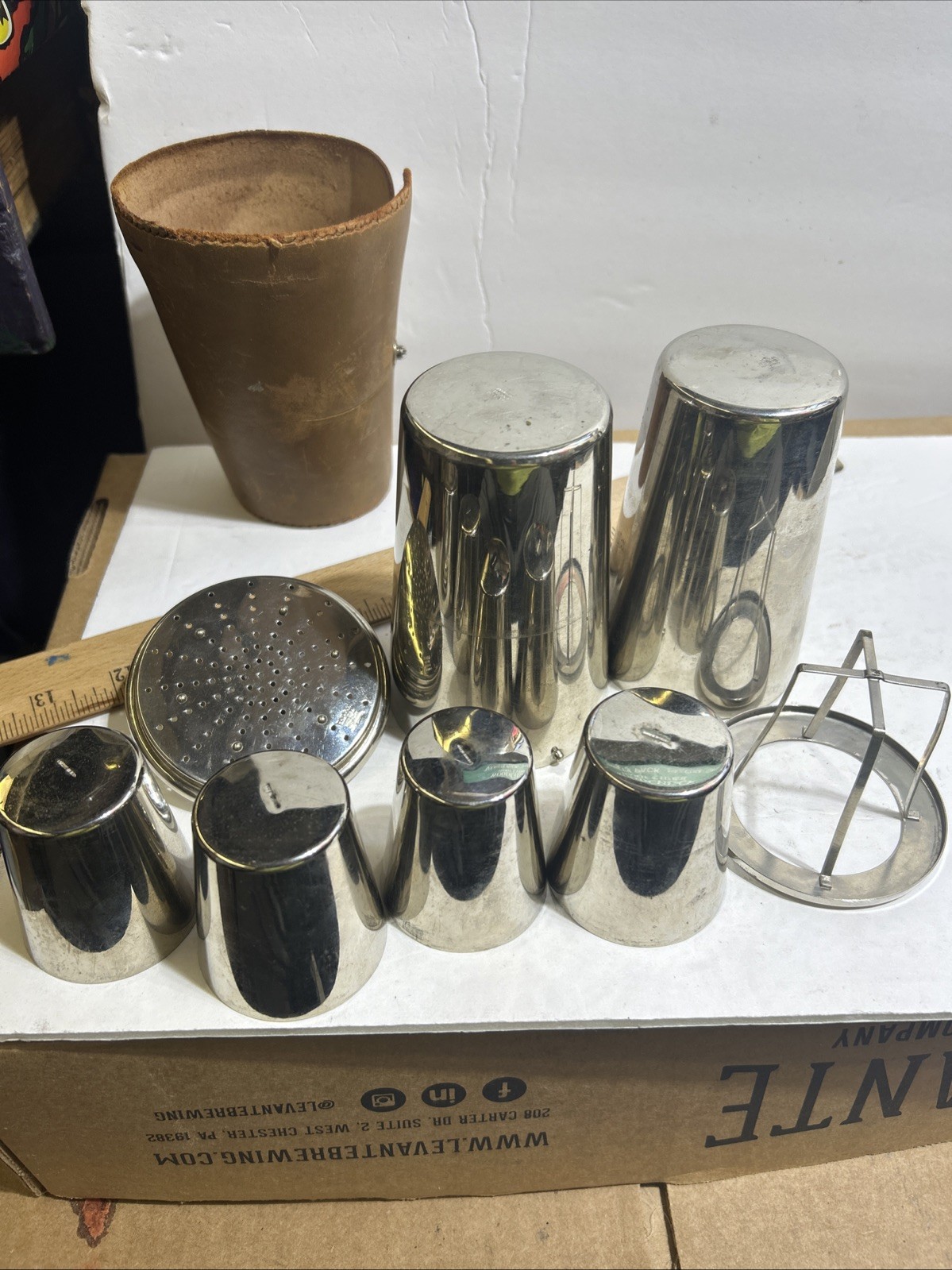 Vintage Made in Germany D G R M Travel Cocktail Shaker Set with Leather Holder