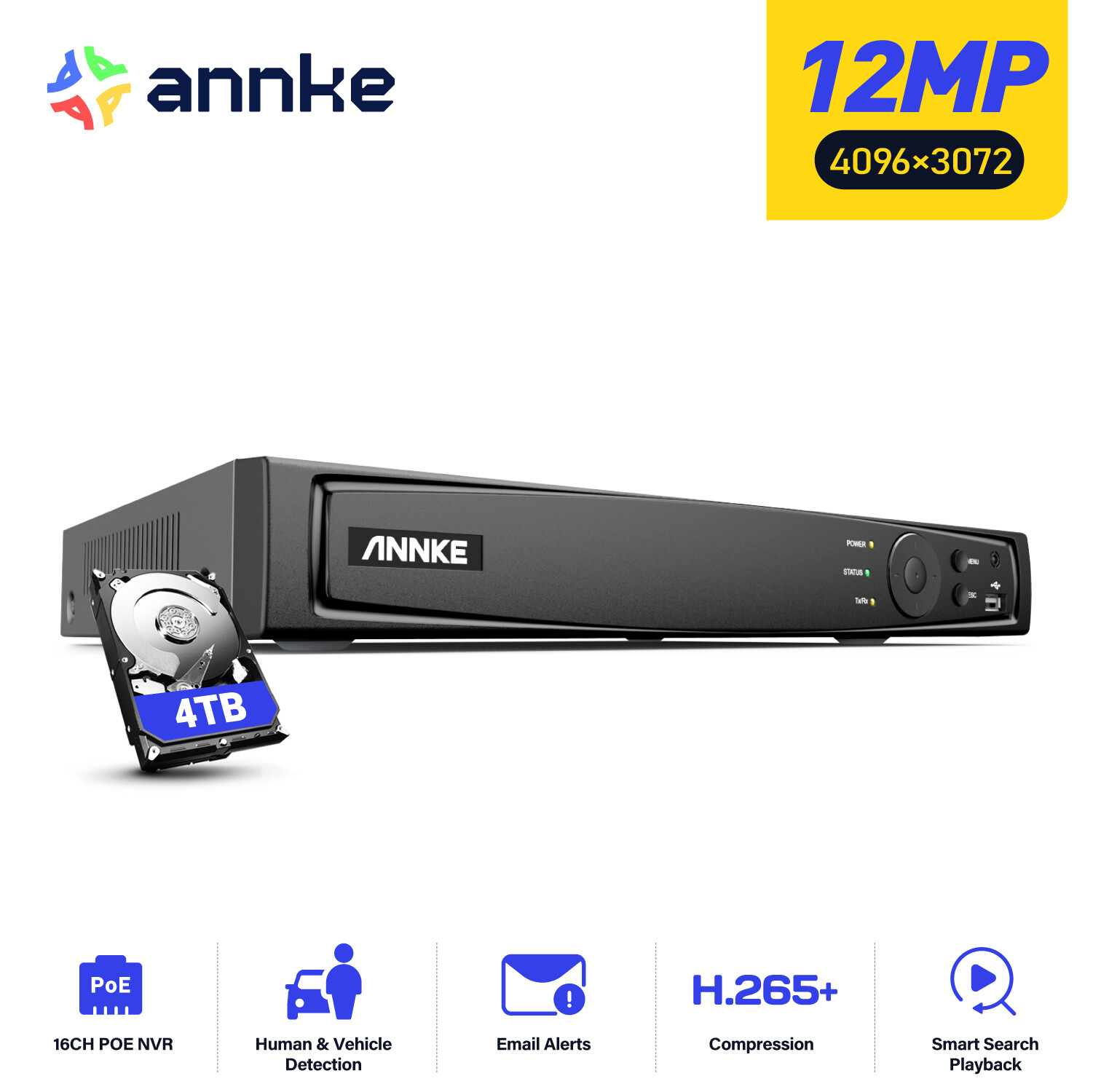 ANNKE 8CH 16CH 12MP NVR POE Security IP Network Video Recorder H.265+ Remote APP