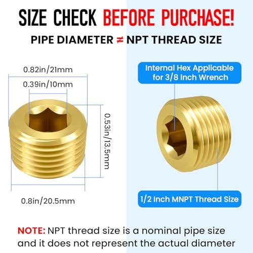 4PCS Male Brass Pipe Plug | Counter Sunk Internal Hex Socket Head 1/2 NPT