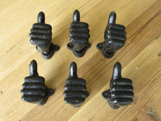 6 Cast Iron Hand Wall Mounted Hook Door Knob Pulls Thumbs Up Drawer Pull Black