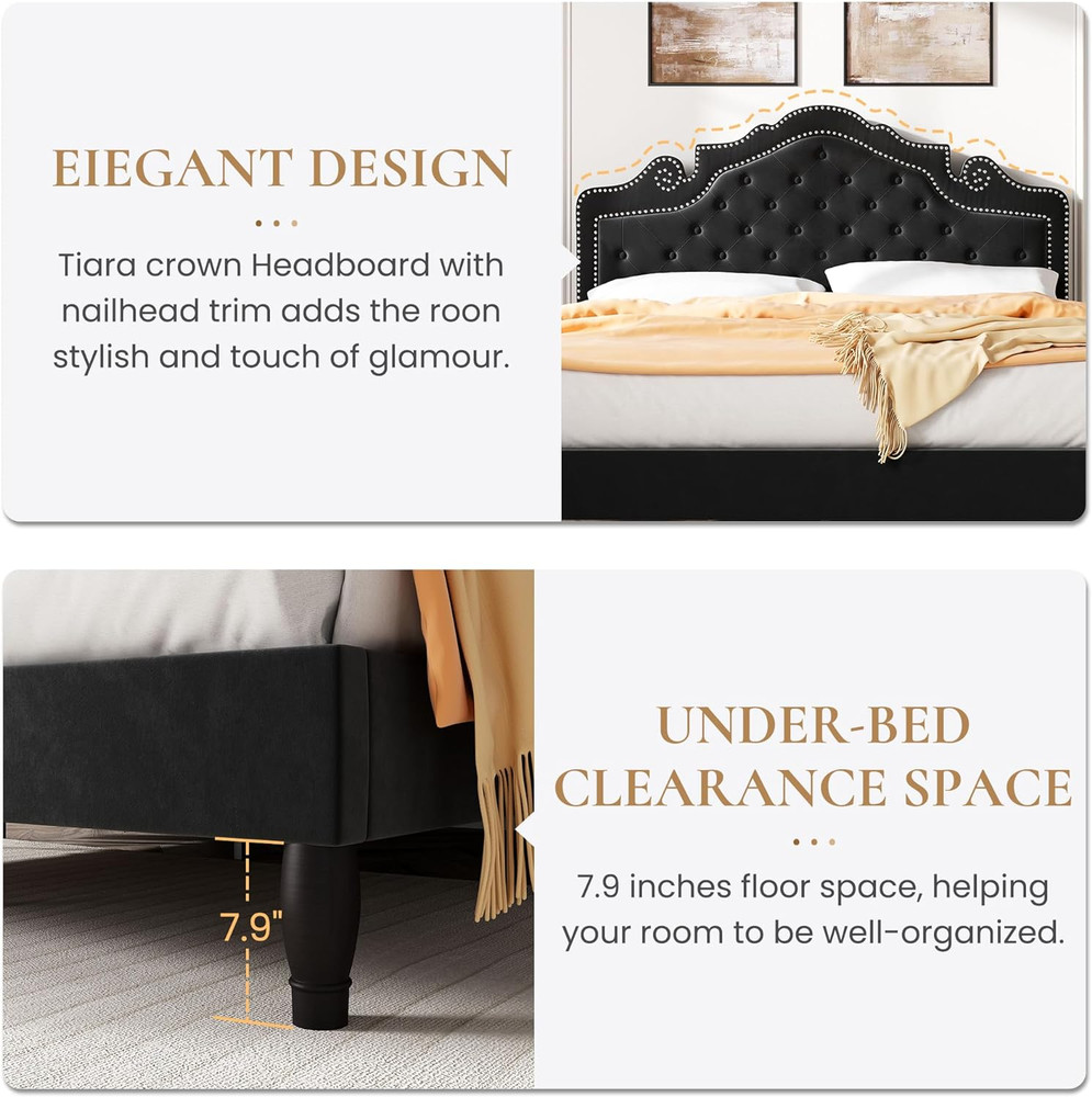 King Size Platfrom Bed Frame with Adjustable Headboard/Velvet Upholstered Diamon