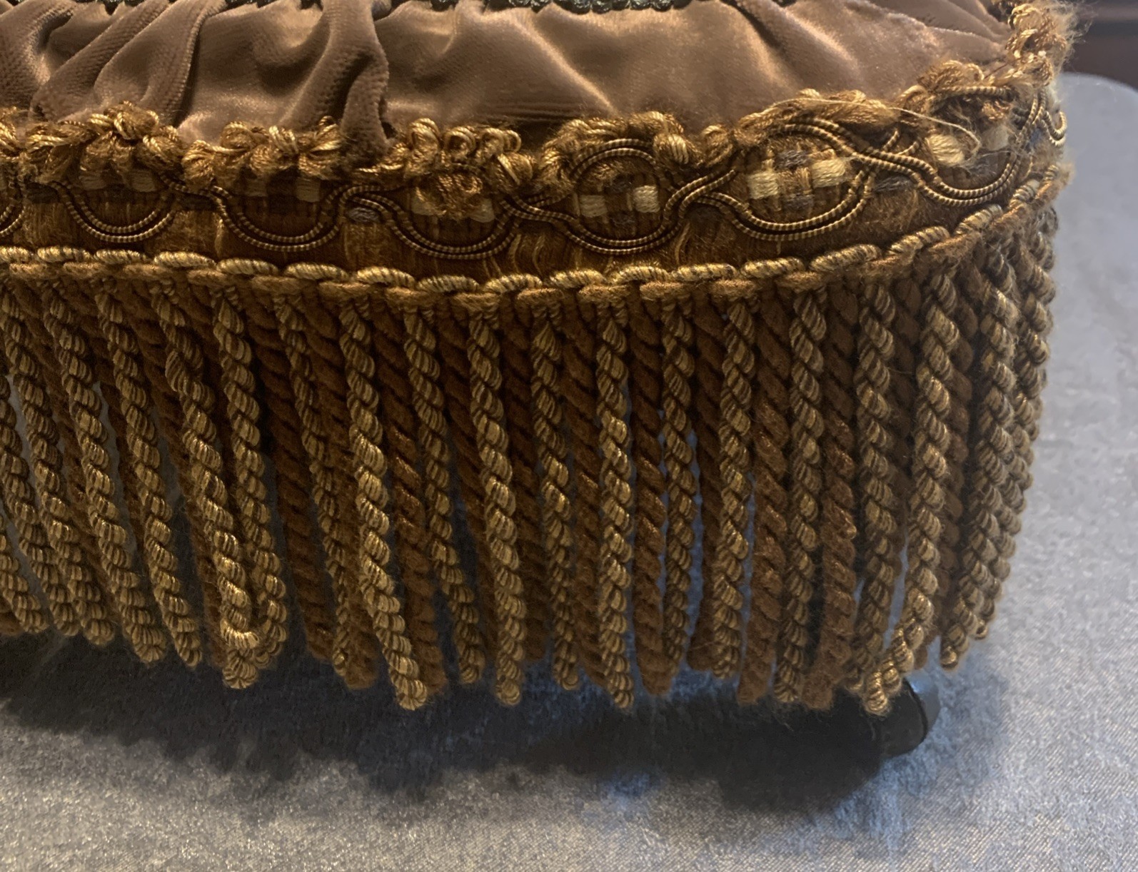 Vtg Cast Iron Ottoman Footstool w/Floral Needlepoint Design & Fringe