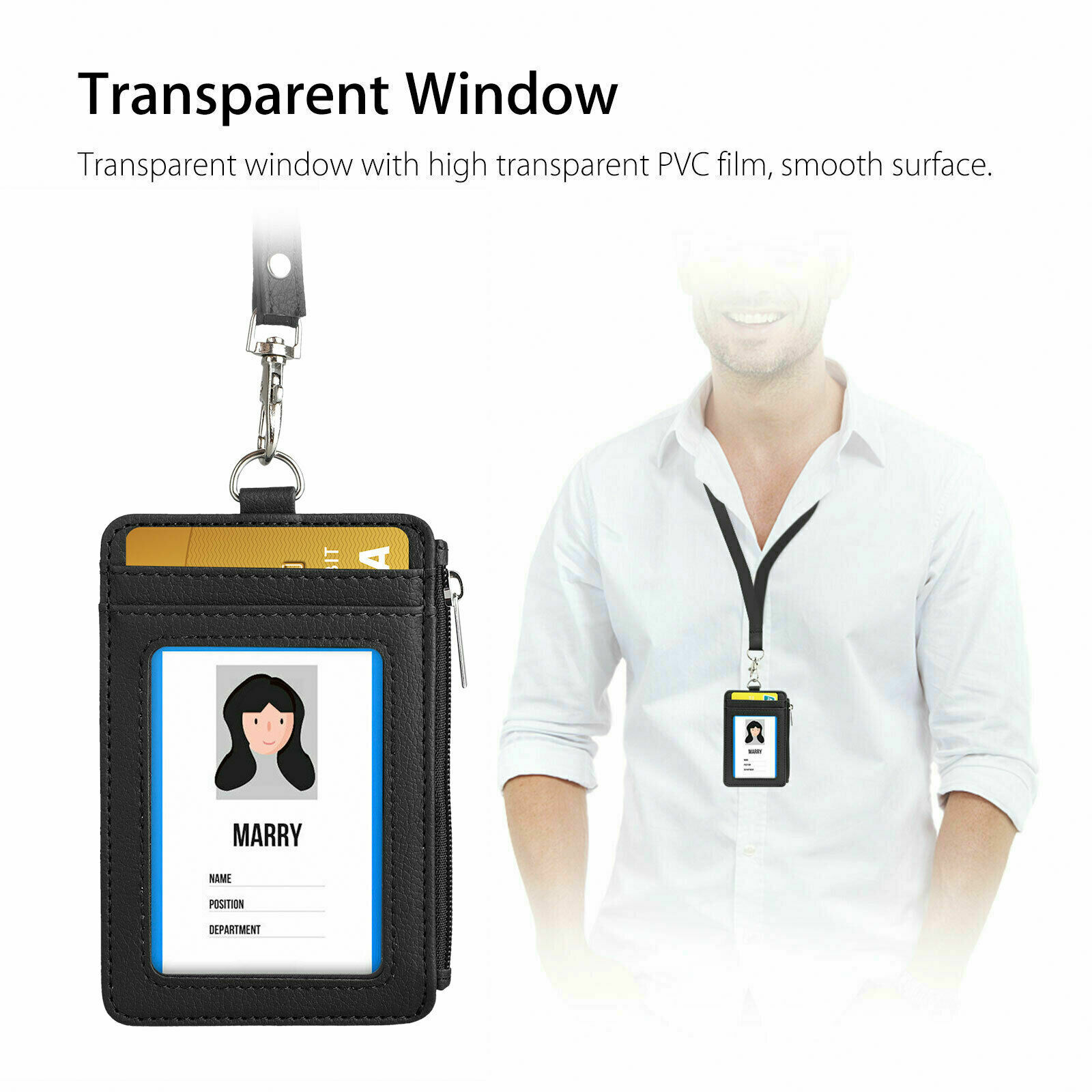 Leather ID Card Holder Vertical badge Wallet Multiple Slots Neck Strap Lanyard