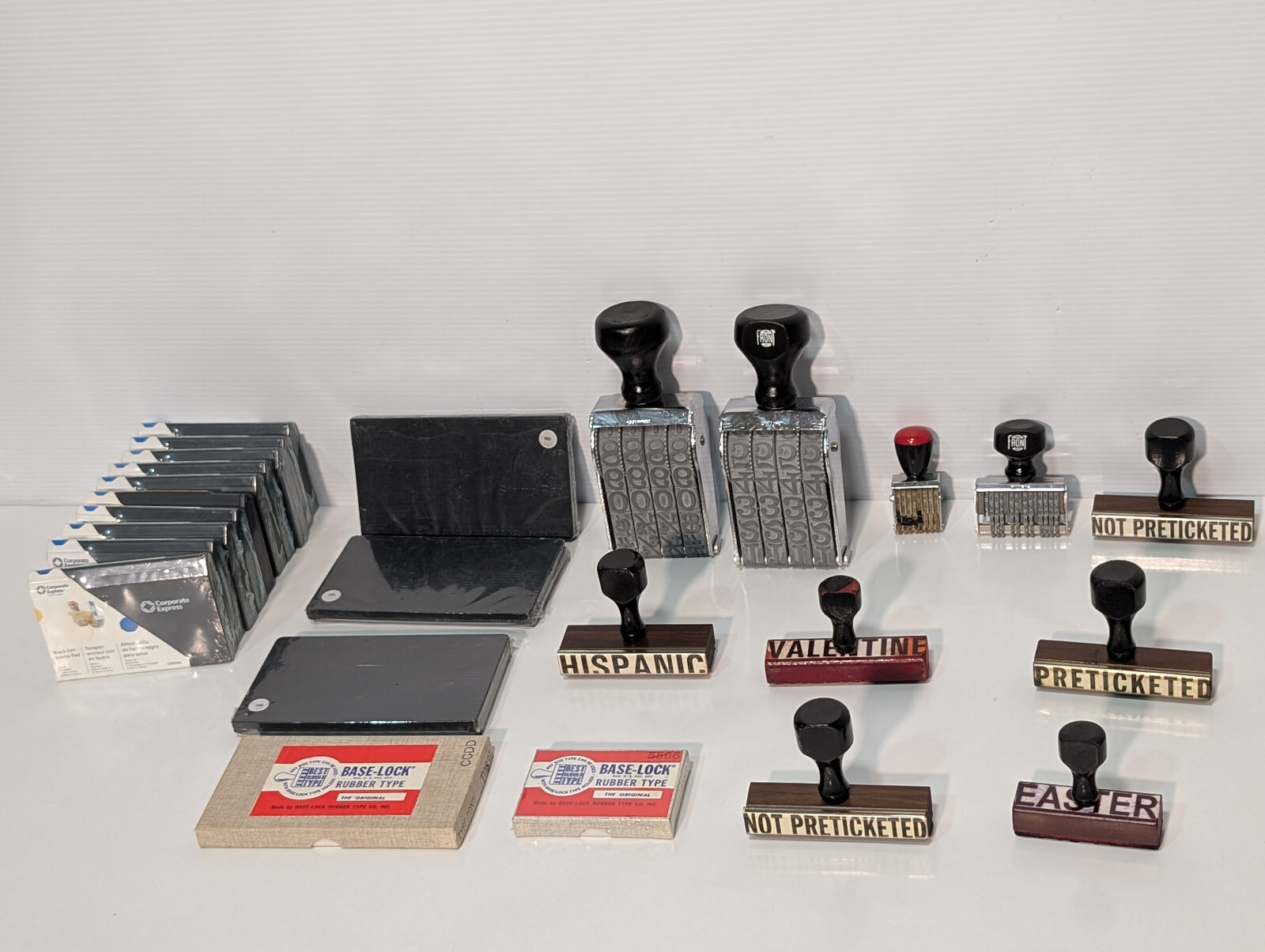 Lot of 25: Assorted Commercial, Retail, Stamps, Stamp Pads, Band, Type Font