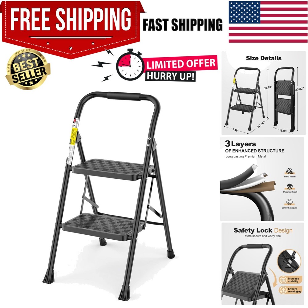 2 Step Ladder, Step Stool for Adults,2 Step Ladder Folding Step Stool with Wi...