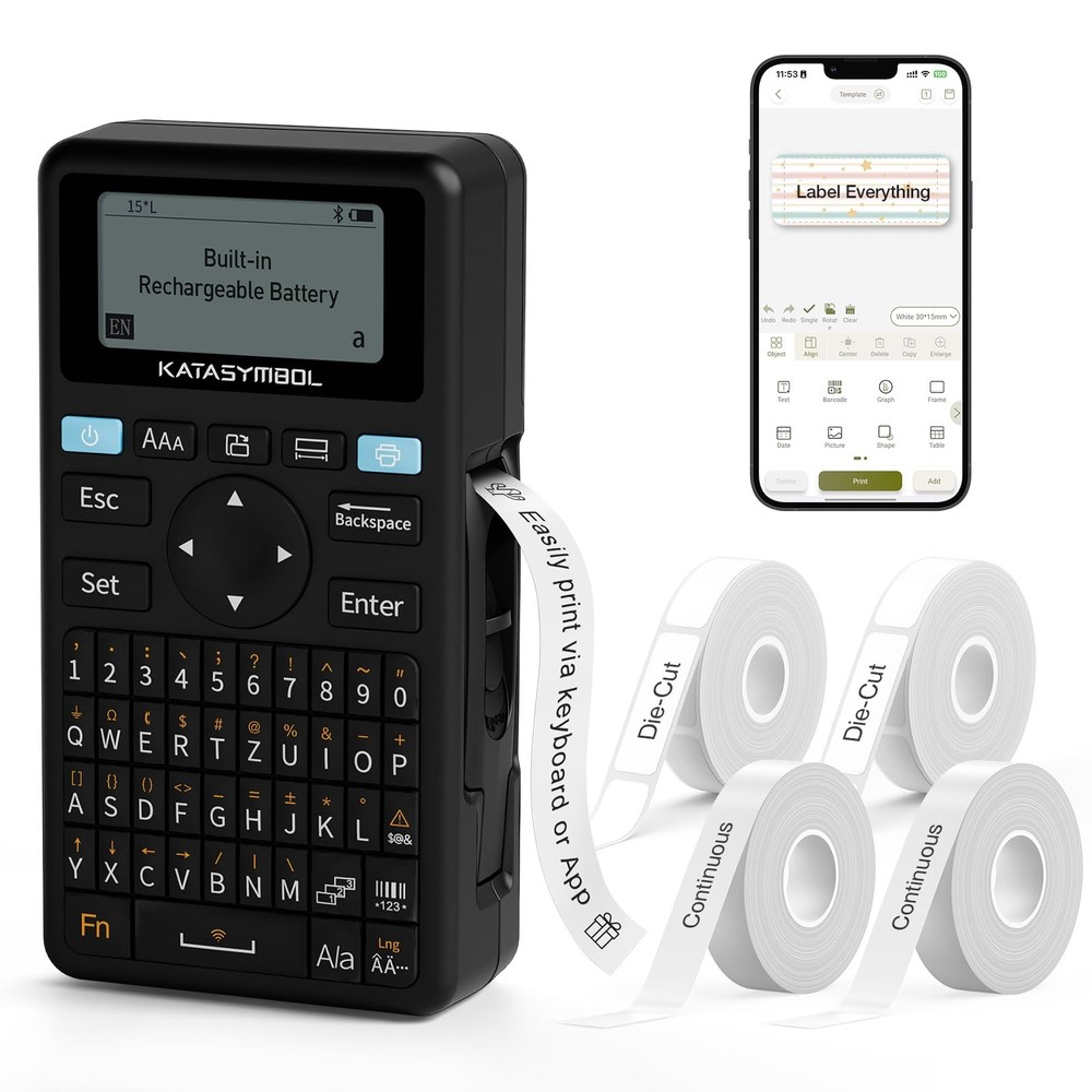 E11 Bluetooth Label Maker Machine with 4 Tapes, Support Keyboard & App with 3...