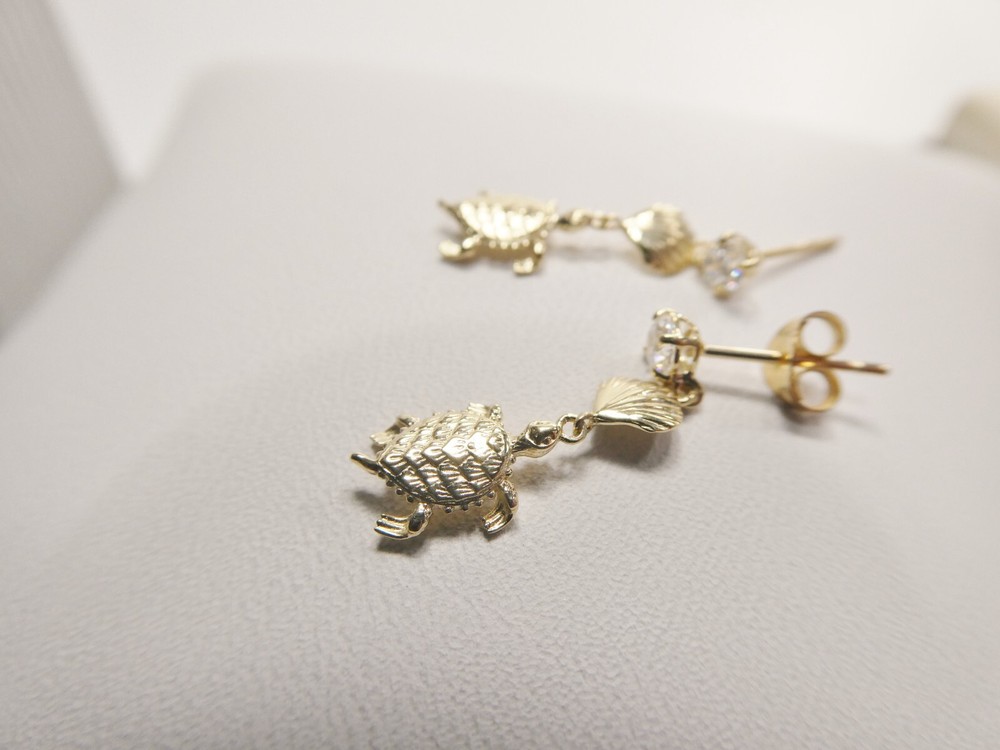 10K REAL SOLID YELLOW GOLD TURTLE DANGLING STYLE PUSH POST EARRINGS