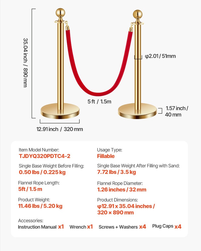 VEVOR 4Pcs Gold Stanchion Post Crowd Control Queue Barrier Sand Injection Base