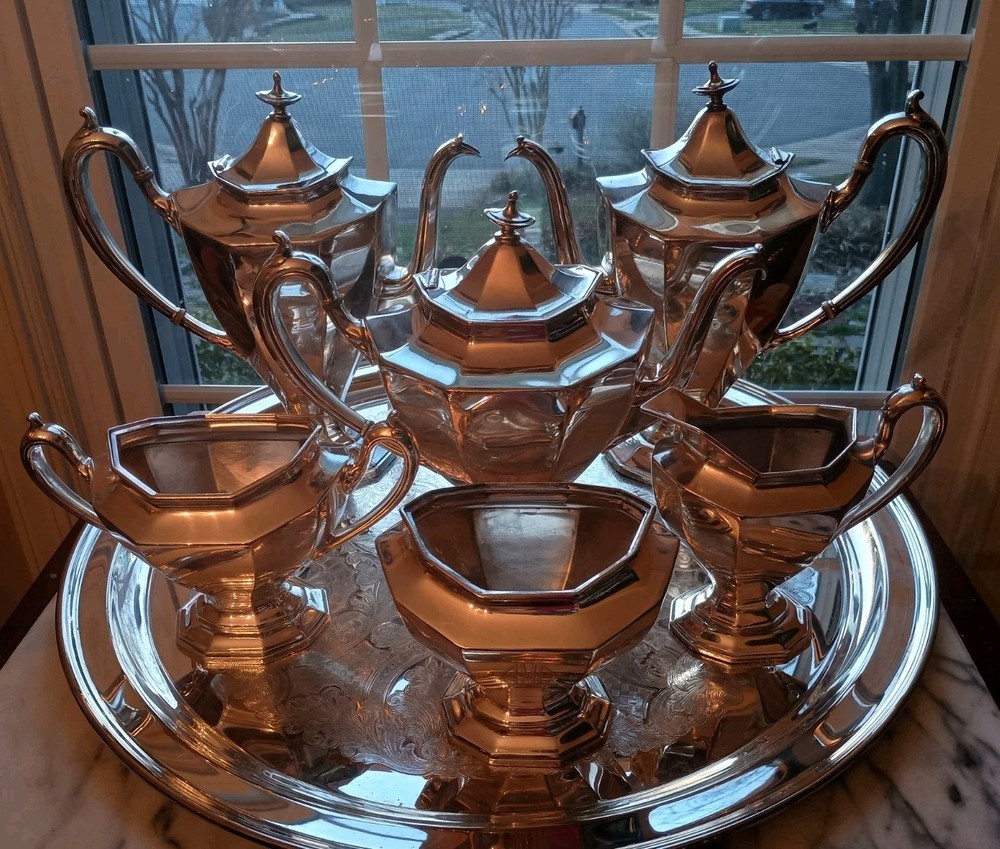 REED & BARTON "SIERRA" NEO CLASSICAL FULL COFFEE DECAF TEA SERVICE POT SET,  7pc