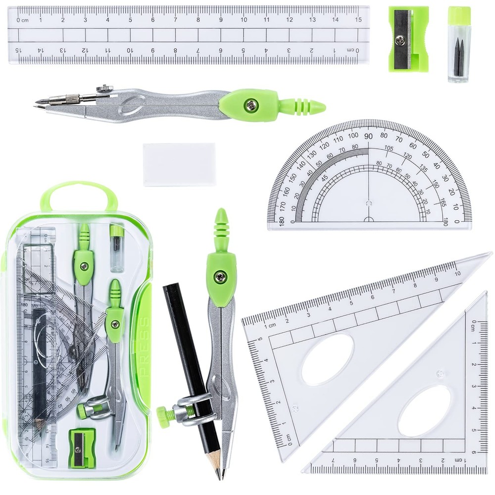 10PCS Geometry Math Kit Set Ruler Compass Protractor Pencil School Supply Box