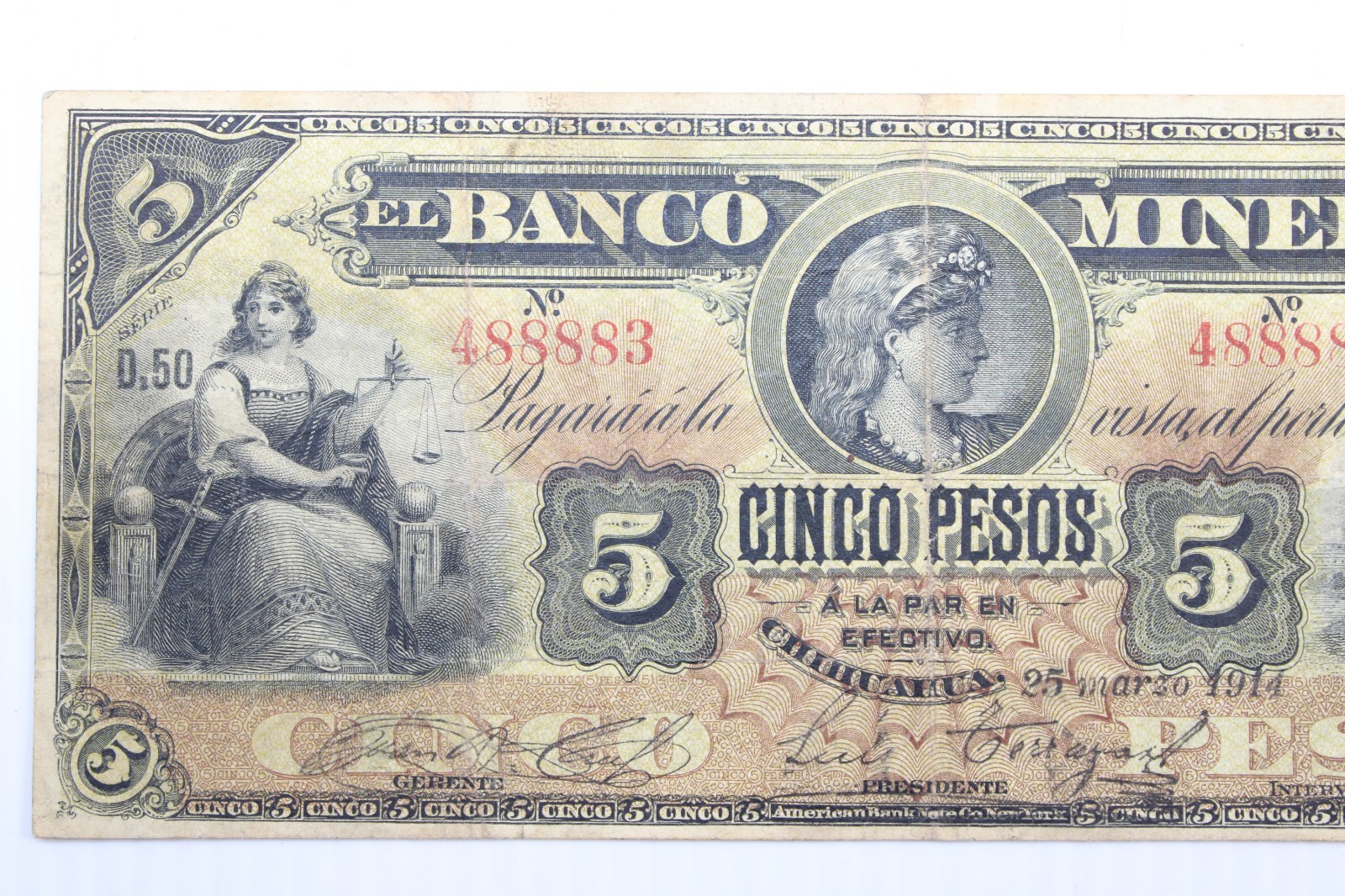 1914 5 PESOS EL BANCO MINERO, MEXICO #0419