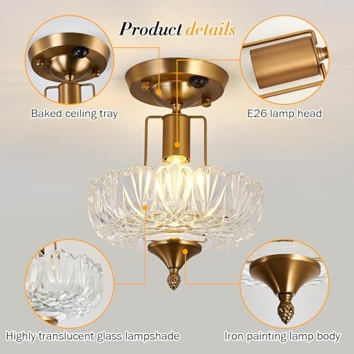 Motion Sensor Semi Flush Mount Ceiling Light Gold Hallway Light Fixture with