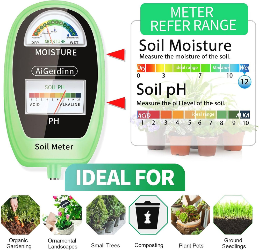 Soil Test Kit, 2-In-1 Soil Moisture Meter, Soil Ph Meter -Dual Dial-Simultaneous