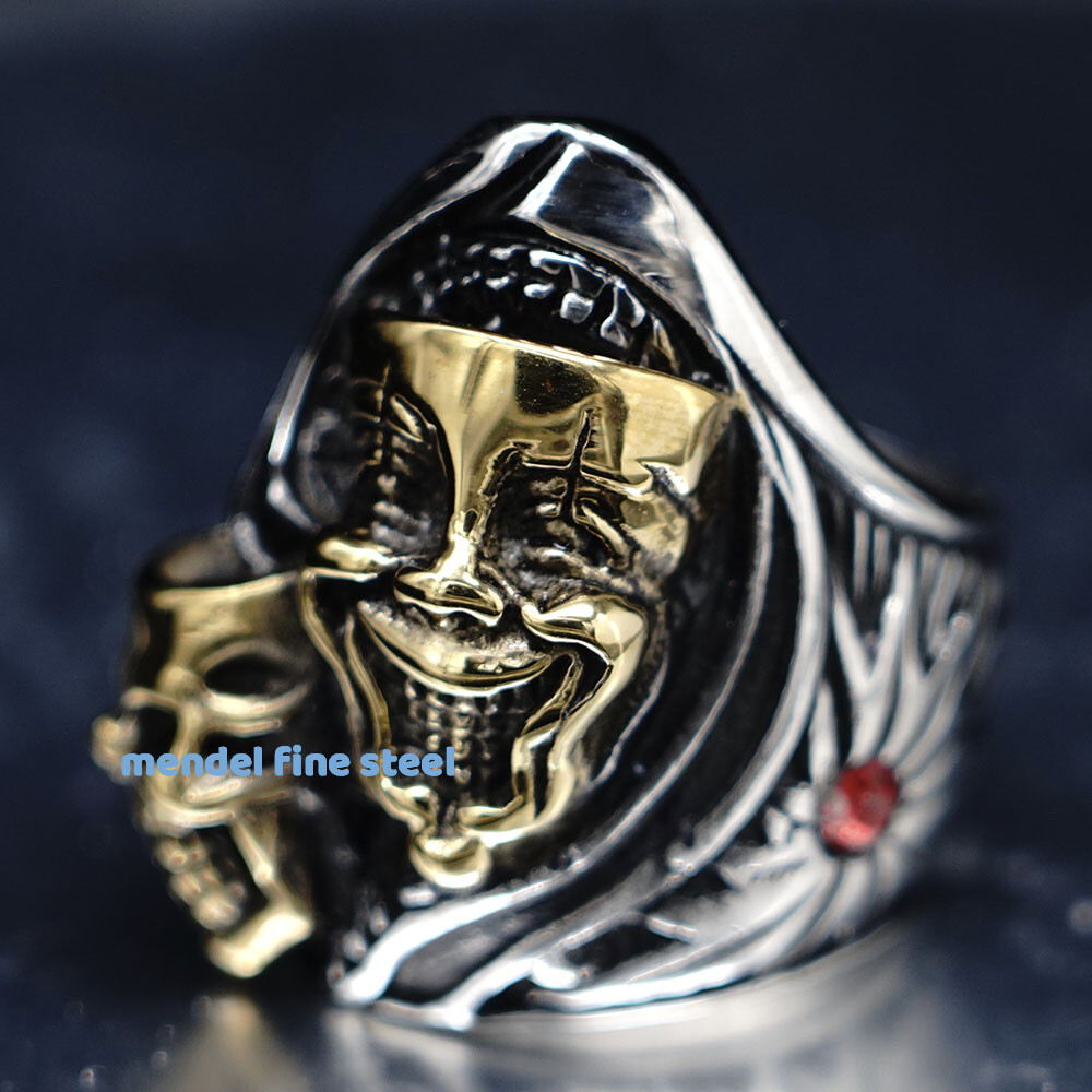 MENDEL Gothic Mens Gold Plated Biker Skull Clown Ring Stainless Steel Size 8-15