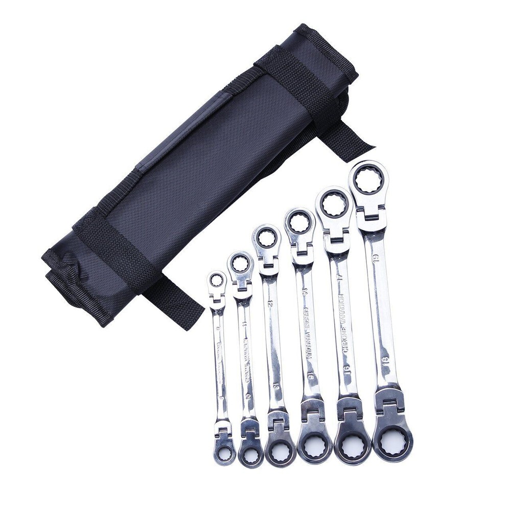 6PCS Extra Long Ratcheting Wrench Spanner Set Double Box End Flex-head Sae Metri