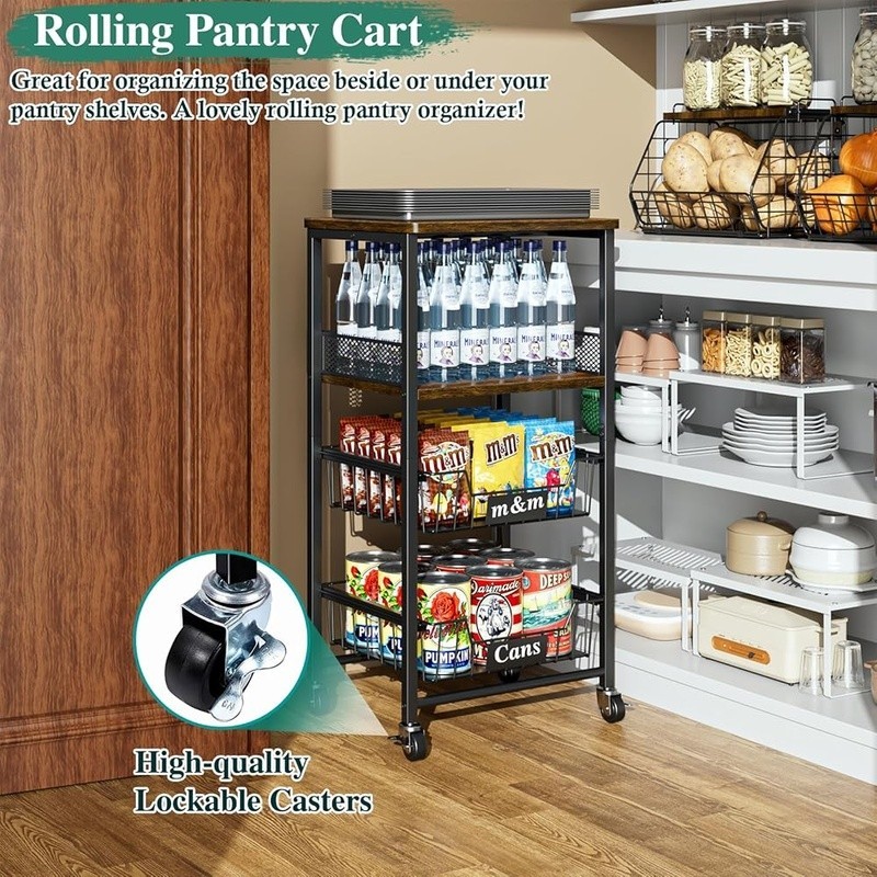 Rolling Kitchen Cart W/ Pull-Out Baskets Snack Organizer Fruit Storage