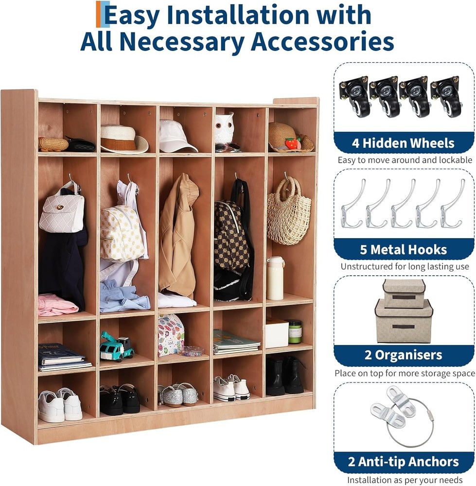 5-Section Classroom Coat Locker, 20 Cubbies for Classrooms, Daycare Cubby