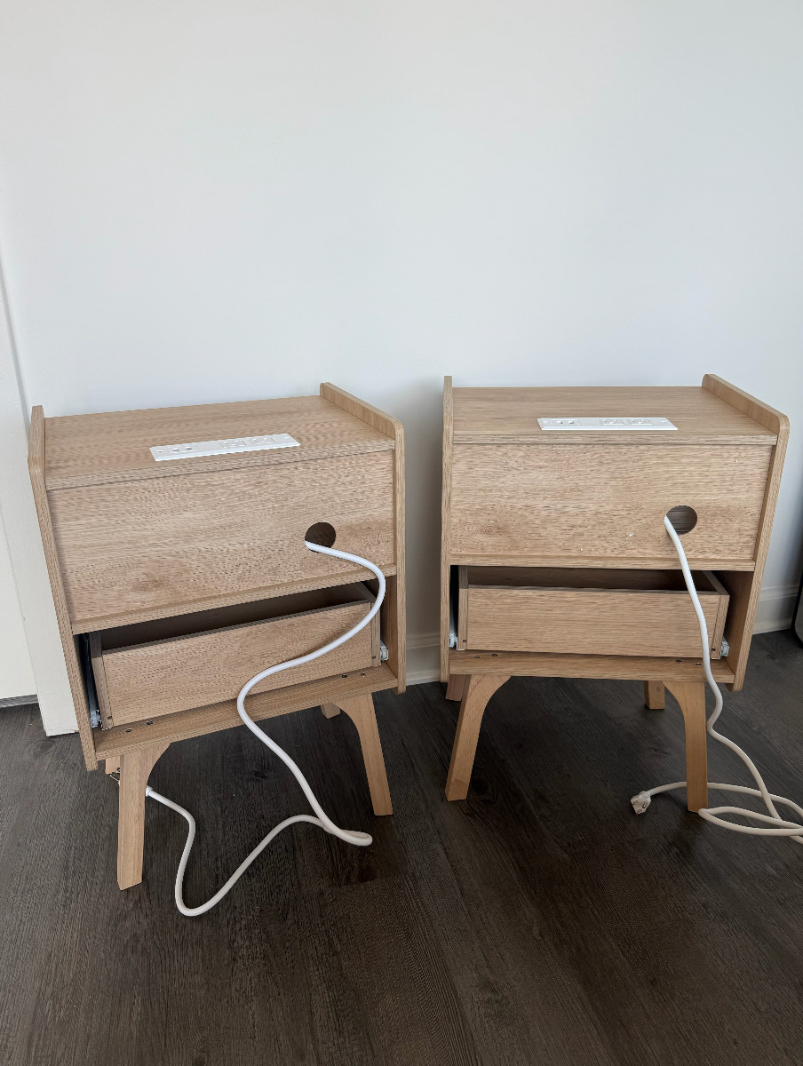 Set of 2 Brand New Night Stands Beige Wood Color Drawer Storage Powered Outlets!
