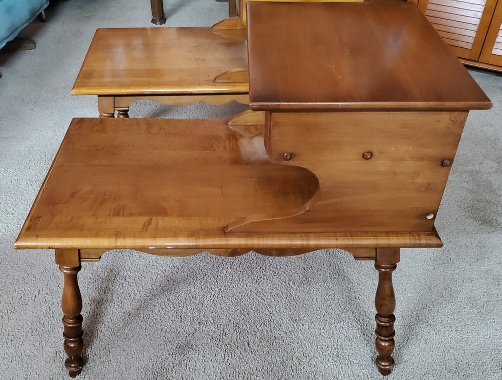 American Maple Step End Tables With A Drawer. Solid Wood, Matching Pair.