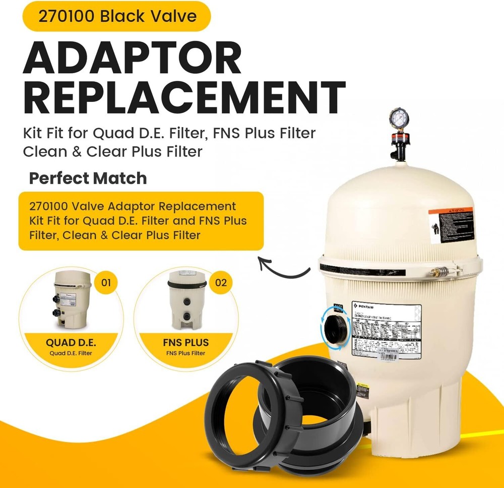 2Pack Black Pool Valve Adaptor Replacement Kit 270100 For Pentair D.E. Filter
