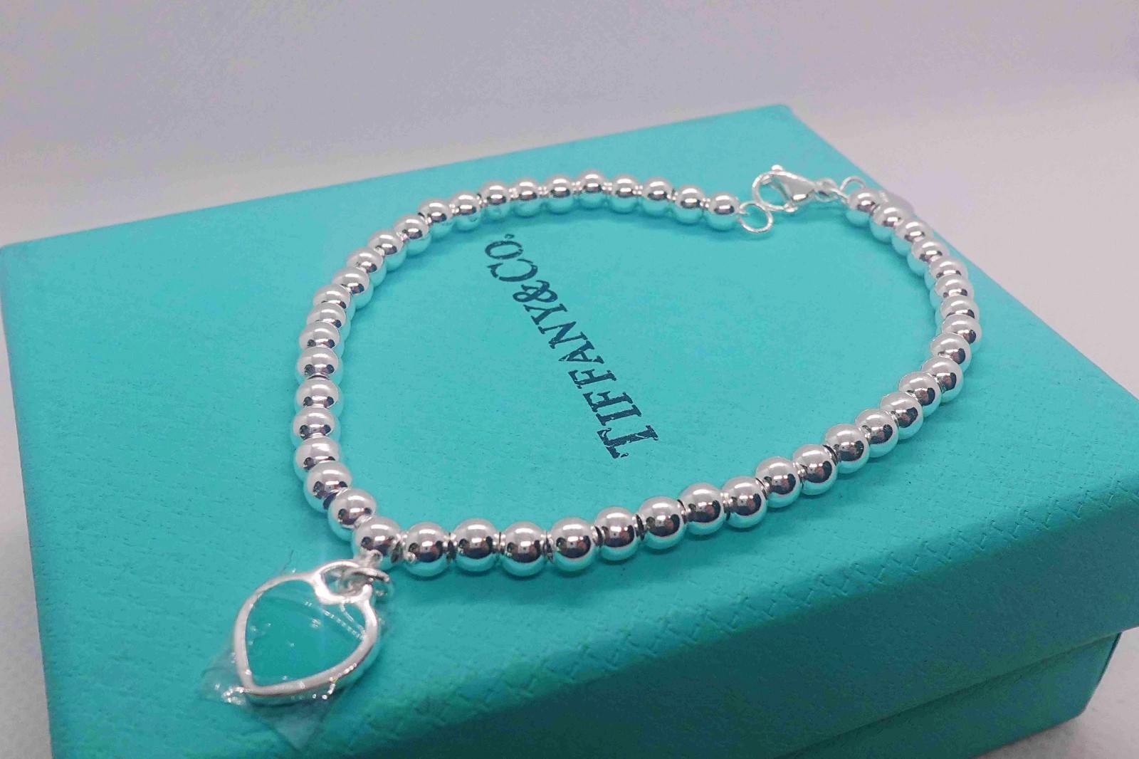 NewTliffany&Co*Bule&Enamel Heart Tag&Bead*Bracelet 7.5"