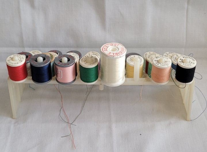 White Plastic Collectible Sewing Spools and Thread Rack Holder