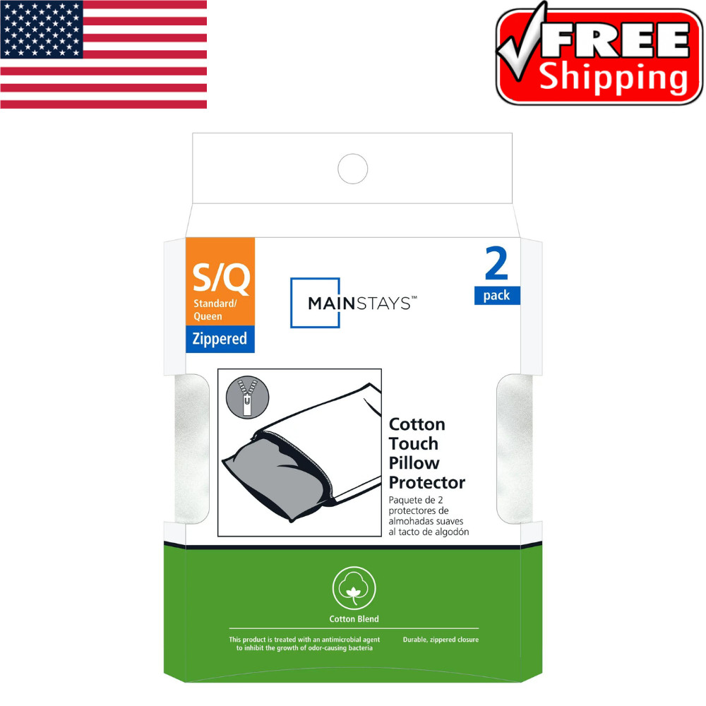 Mainstays Cotton Touch Zippered Pillow Protector, Standard/Queen, 2 Pack.