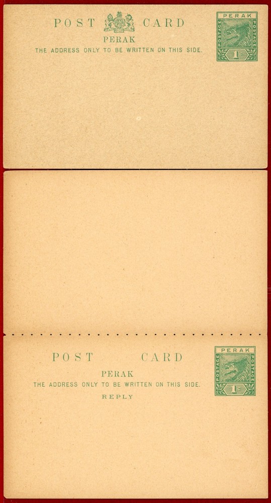 Malaya Perak, Two 1c Tiger Postal Cards, Including Double Reply