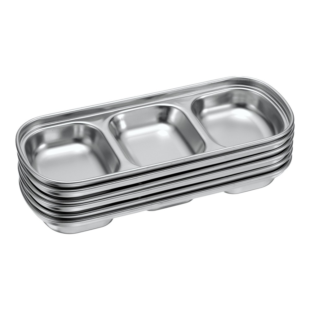 6pcs Metal Dish Dipping with 3 Rectangular Compartment Divided Silver