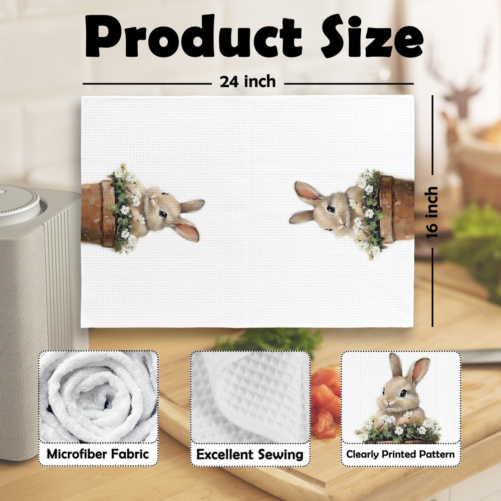 XPH Vintage Floral Easter Bunny Kitchen Dish Towels, Rustic Easter06