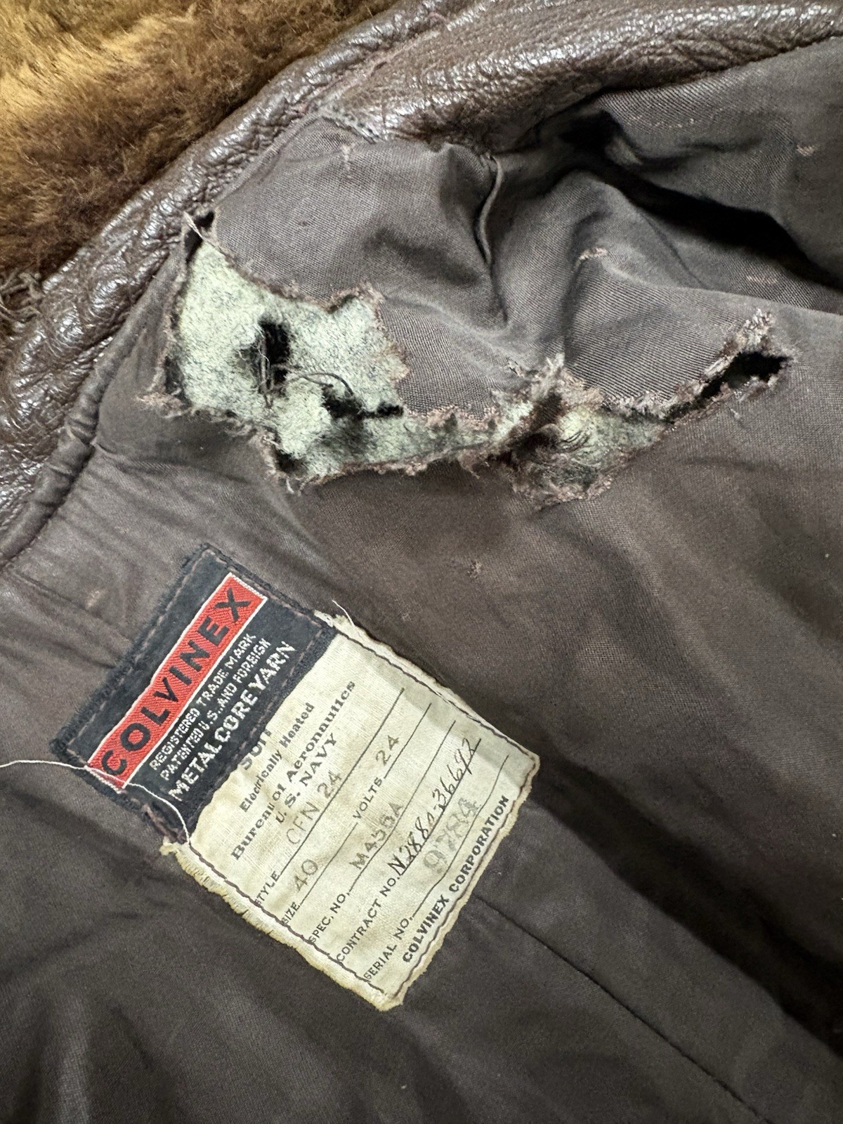 WWII US Navy Colvinex CFN-24 Leather Electrically Heated Flight Suit Size 40