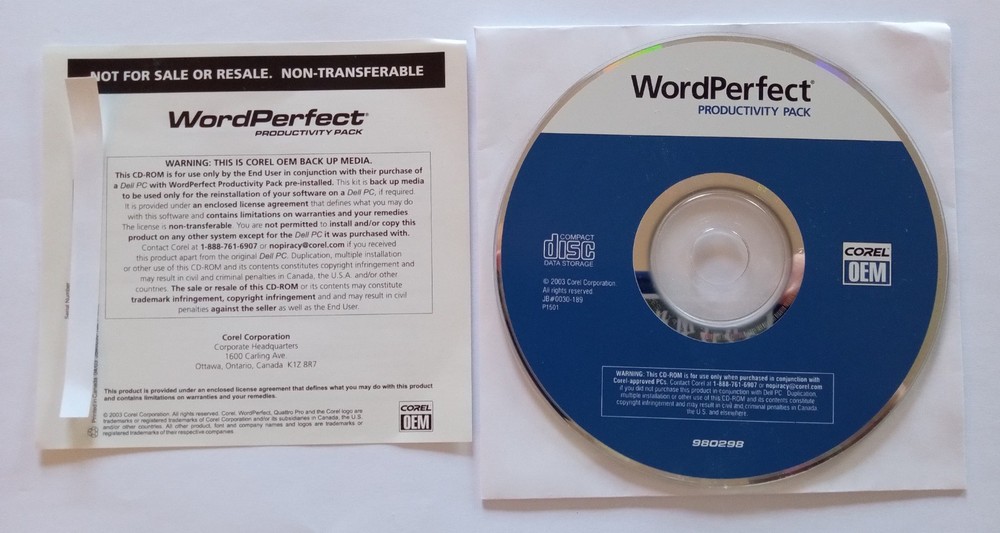 Corel OEM WordPerfect Productivity Pack for Windows CD-ROM (2003) w/Install Key.