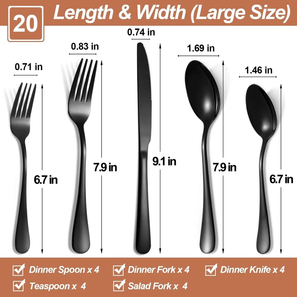 20 Pcs Black Silverware Set for 4, Mirror Polished Flatware Set Stainless Ste...