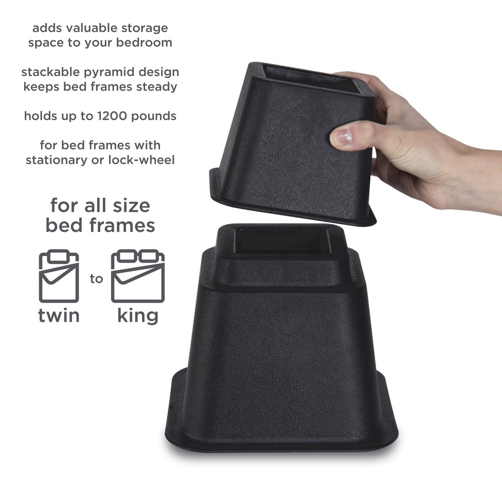 8 Piece Plastic Adjustable 3", 5", or 8" Bed Risers Set, 4.5" x 4.5", Black