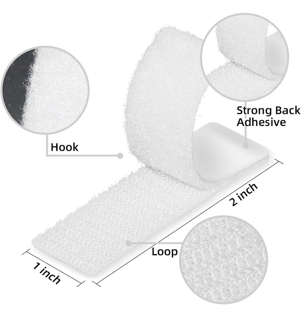 White Strips with Adhesive 15 Sets 1" x 4" w/ Hook & Loop Double Sided - A0196