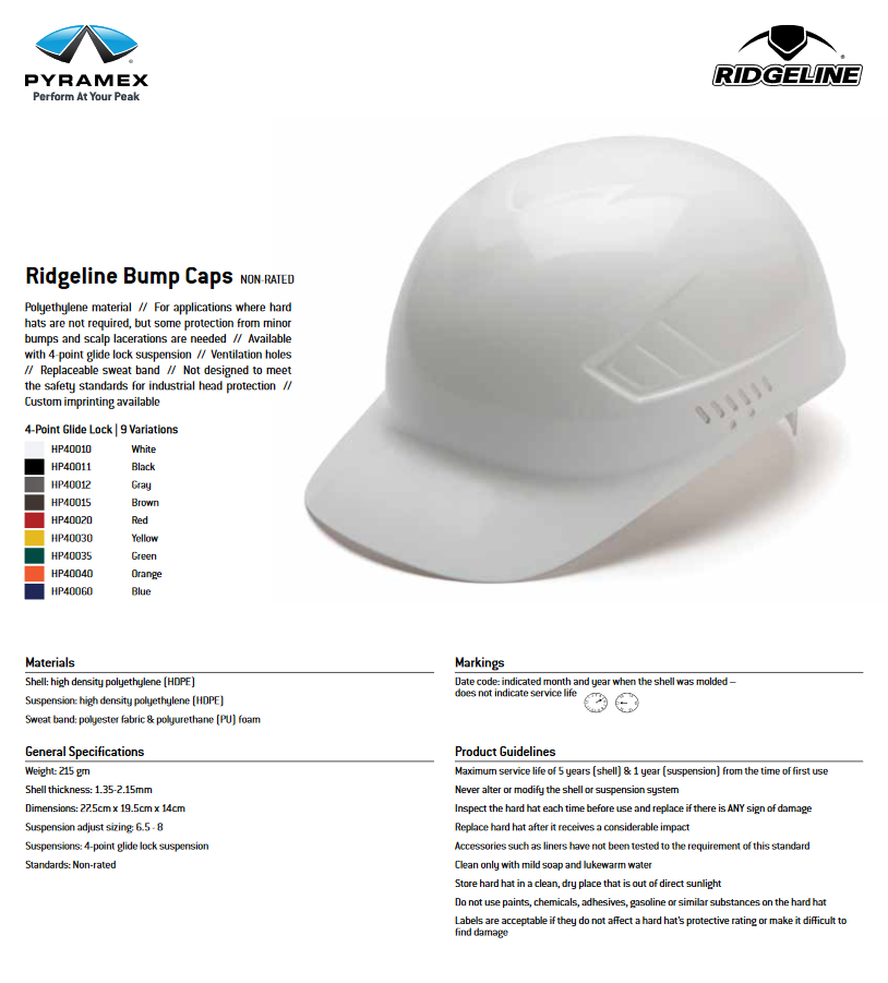 Ridgeline Safety Bump Cap with 4 Point Glide Lock Suspension, Lightweight 1/Each