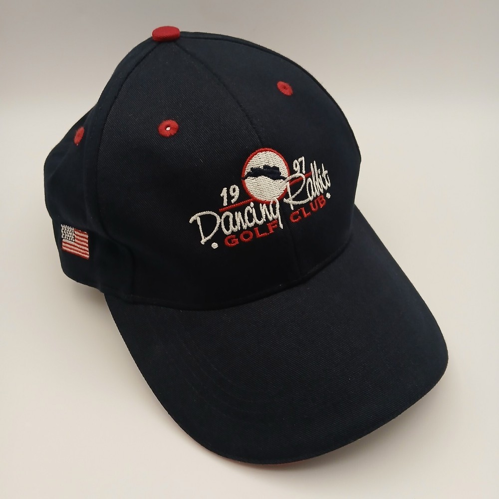 Dancing Rabbit Golf Club Hat Cap Ahead Strapback Navy Blue White Red Script Flag