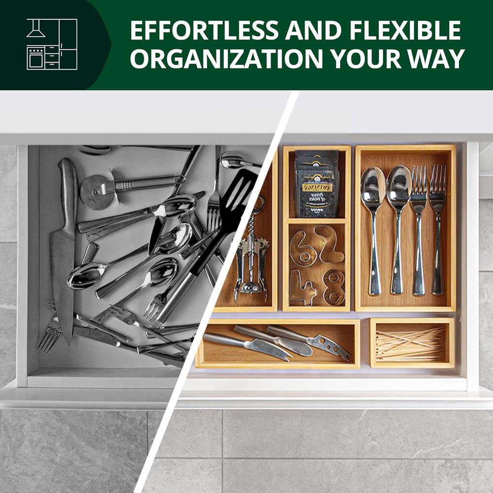 5-Piece Bamboo Drawer Organizer Set – Multi-Use Storage Trays for Kitchen, Ba...
