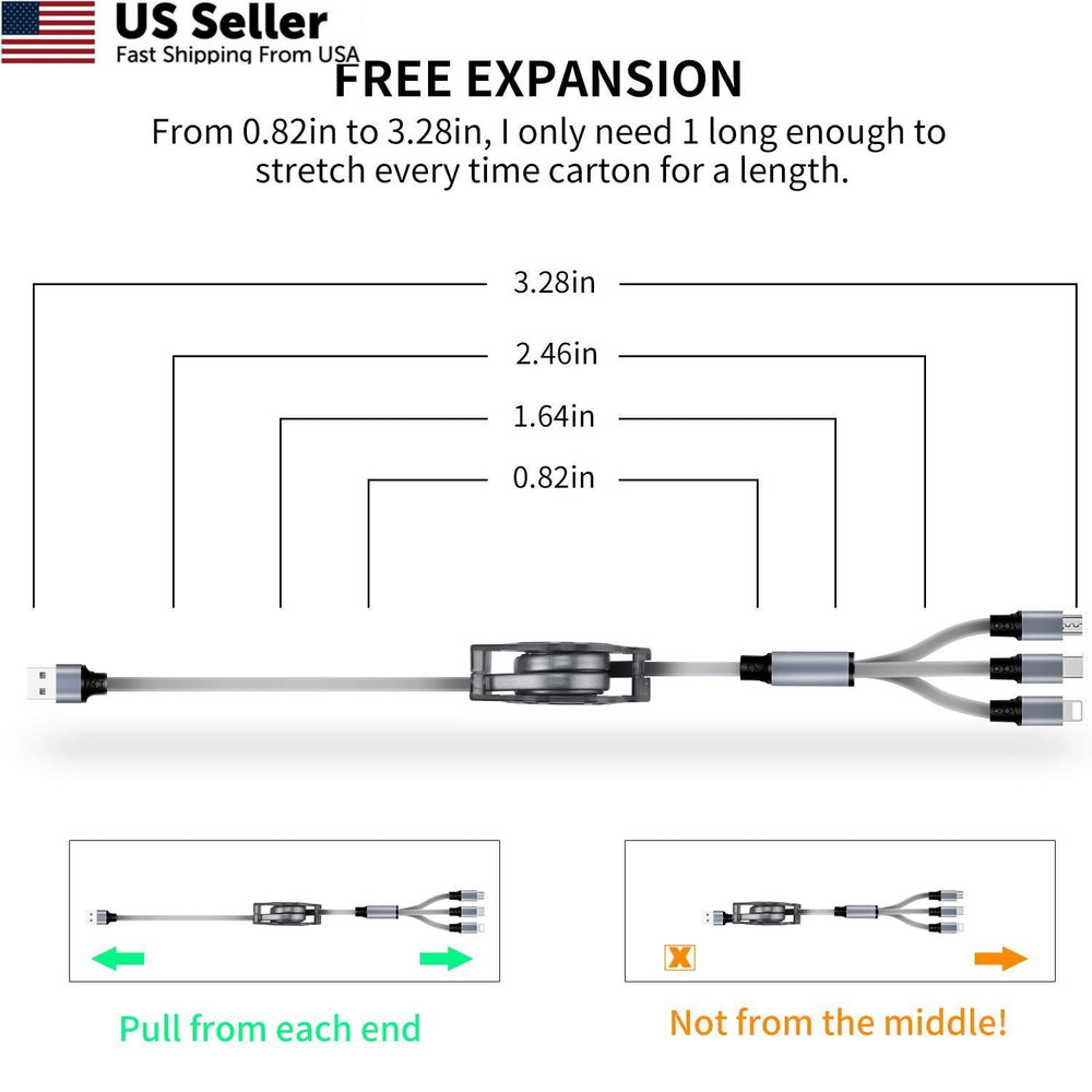 Multi Charging Cable,Retractable USB A to 3 in 1 3.3ft, (3.3ft/Gray)
