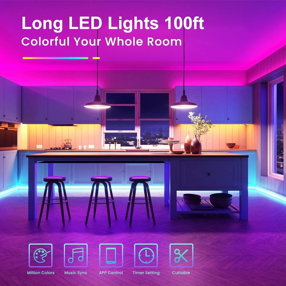 Long 100ft LED Strip Lights for Bedroom & Kitchen - Remote & Bluetooth