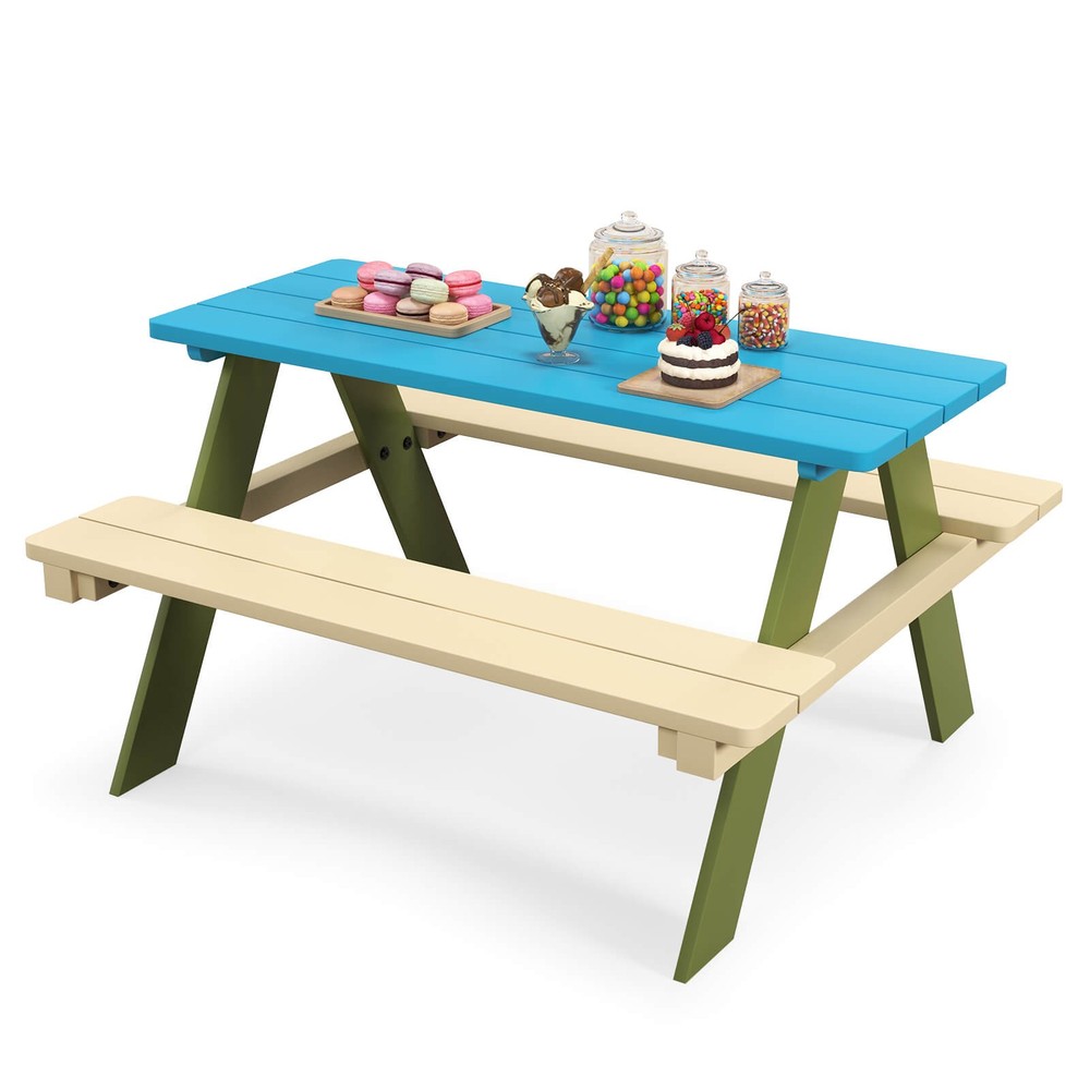 Kids Wooden Picnic Table Set Solid Dining Table with Built-in Benches for Patio