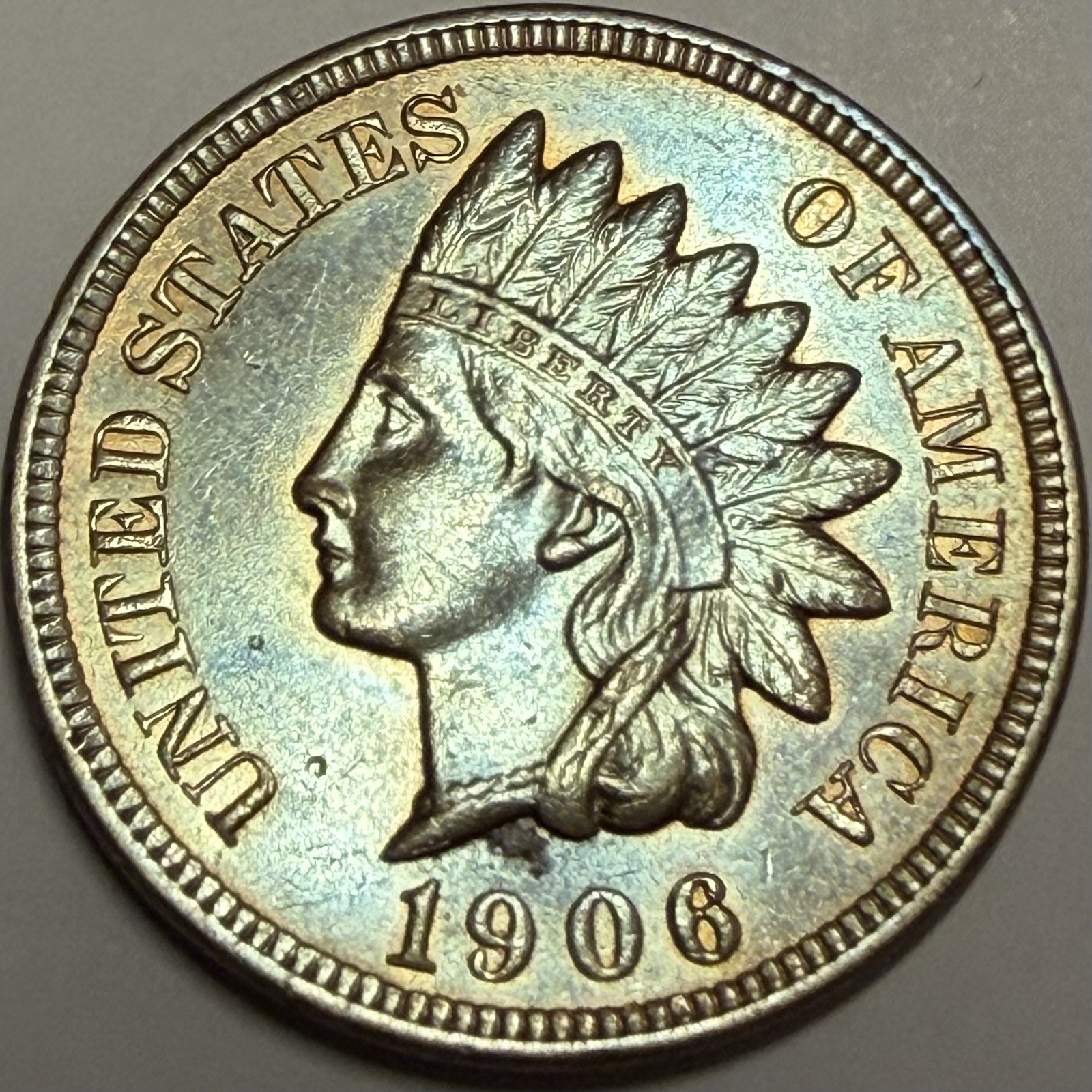 US 1906 Indian Head Penny - 1 Cent Bronze Coin - 4 Diamonds - Green Toned