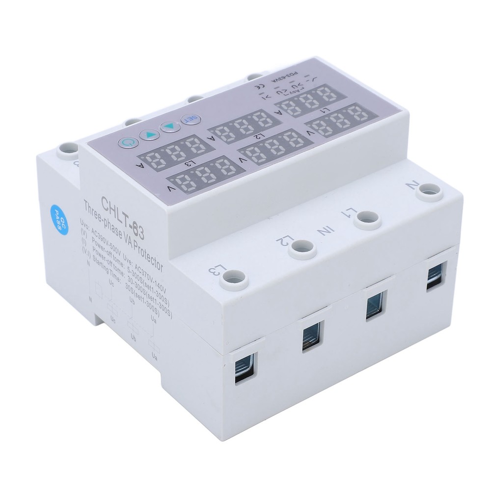 3Phase DIN Rail Voltmeter Ammeter Automatic Overvoltage Overcurrent Protector63A