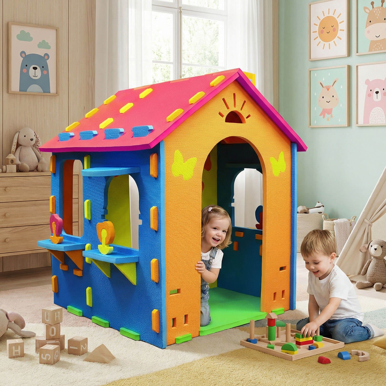 Kids EVA Foam Playhouse w/Roof, Chimney, Windows & Doorways for Creative Play